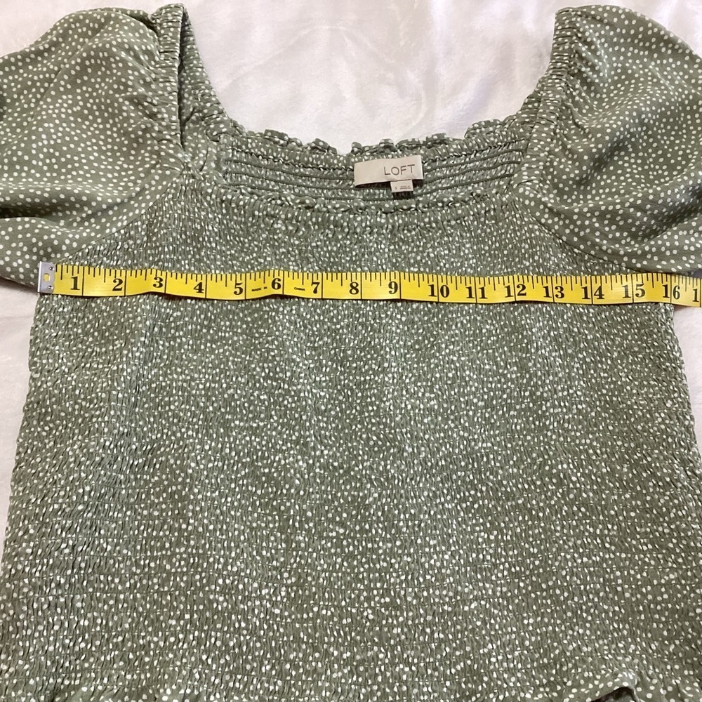 Loft Dotted Smocked Blouse S Green White Cottagecore Peasant Rayon Size Small - Picture 5 of 7